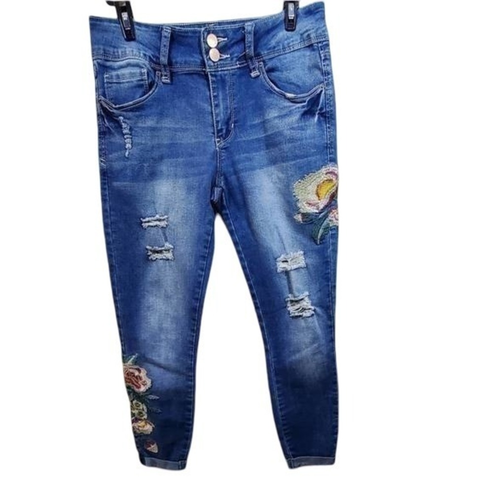 YMI Womens Mid Rise Ankle Skinny Jeans Floral Embroidered Distressed Blue Size 5